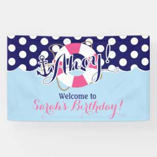 Blauw en Roze, Zeeman, Nautische Verjaardag Spandoek
