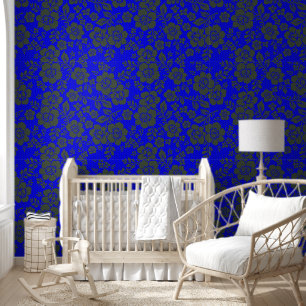 Blauw en Salie Groene bloemschil en stok Behang