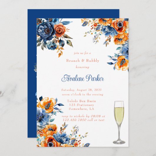 Blauw en Sinaasappel Bloemen Brunch & Bubbly Kaart (Voorkant / Achterkant)
