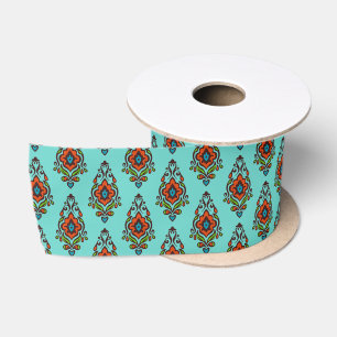 Blauw en sinaasappel Damask patroonlint 2 yards Lint