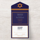Blauw en Sinaasappel Silver Foil Bar Mitzvah All In One Uitnodiging (Binnenkant)