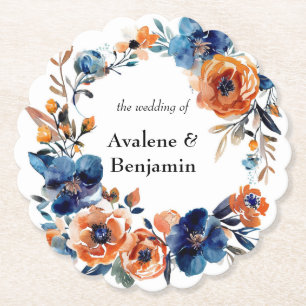 Blauw en Sinaasappel Waterverf Bloemen bruiloft Kartonnen Onderzetters
