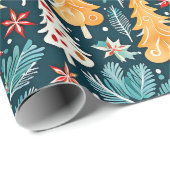 Blauw en Sinaasappel  Waterverf kerstbomen Cadeaupapier (Rol Hoek)