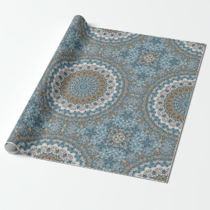 Blauw en Taankleurig Mandala Ingewikkeld Geometris Cadeaupapier