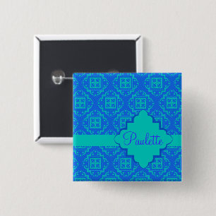 Blauw en Turquoise Arabesque Moroccan Vierkante Button 5,1 Cm