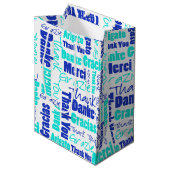 Blauw en Turquoise Dank u Word Cloud Medium Cadeauzakje (Voorkant Gekanteld)