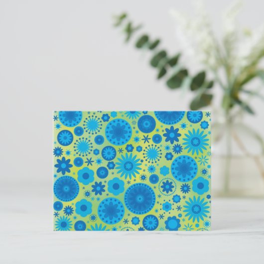 Blauw en Turquoise Hippy Flower Pattern Briefkaart (Staand voorkant)