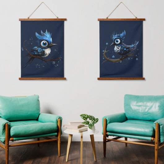 Blauw en Wit Abstract Blauw Jay Paar Hangend Wandkleed (Woonkamer)