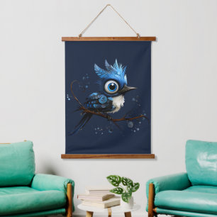 Blauw en Wit Abstract Blauw Jay Rechts Onder ogen Hangend Wandkleed