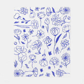 Blauw en Wit Abstract Bloemen Botanische Inkt Art  Fleece Deken