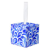 Blauw en wit Abstract Curly-ontwerppatroon Kubus Ornament (Voorkant hoekig)