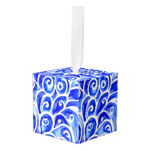 Blauw en wit Abstract Curly-ontwerppatroon Kubus Ornament