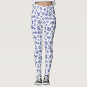 blauw en wit Abstract Daisy Pattern Leggings (Voorkant)