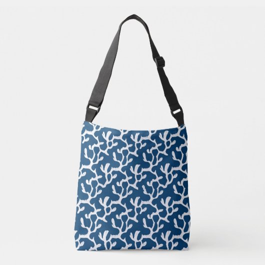 Blauw en wit Abstract koraal, herstellend patroon Crossbody Tas (Voorkant)