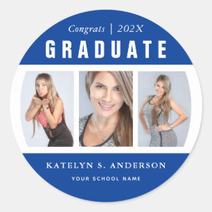 Blauw en wit Afstuderen Foto Collage Ronde Sticker