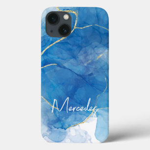 Blauw en wit Agate Marble Abstracte Name Monogram iPhone 13 Hoesje