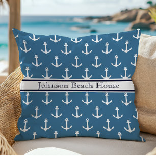 Blauw en wit ankerpatroon naam kussen