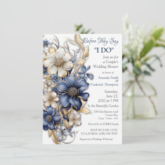 Blauw en wit Arty Gold Edge Bloemen Kaart (Staand voorkant)