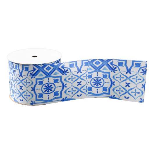 Blauw en wit Azulejo Spaans Azul Pattern Grosgrain Lint (Spoel)
