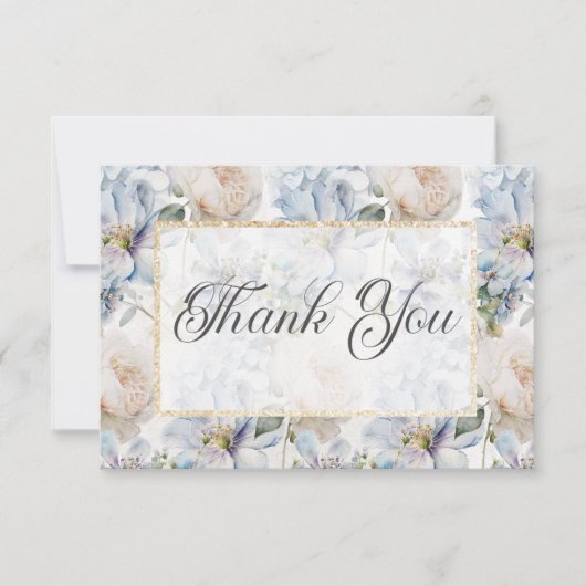 Blauw en wit bijtend Floral Gold Lijst Wit Bedankkaart (Voorkant)