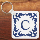 Blauw en wit blauw Lijst monogram Sleutelhanger (Voorkant)