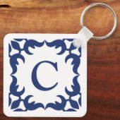 Blauw en wit blauw Lijst monogram Sleutelhanger (Achterkant)