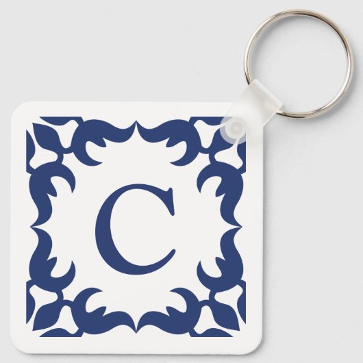 Blauw en wit blauw Lijst monogram Sleutelhanger (Achterkant)