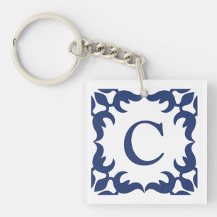 Blauw en wit blauw Lijst monogram Sleutelhanger