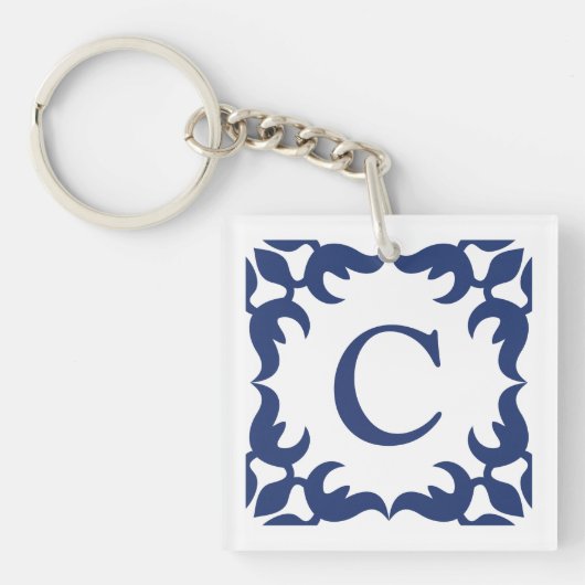 Blauw en wit blauw Lijst monogram Sleutelhanger (voorkant)