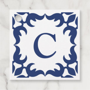 Blauw en wit blauw Lijst Monogram Square Bedankjes Labels