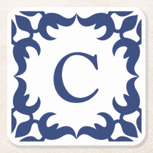 Blauw en wit blauw Lijst monogram Vierkante Kartonnen Onderzetter