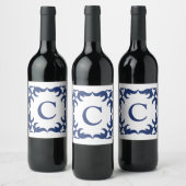 Blauw en wit blauw Lijst monogram Wijn Etiket (Flessen)