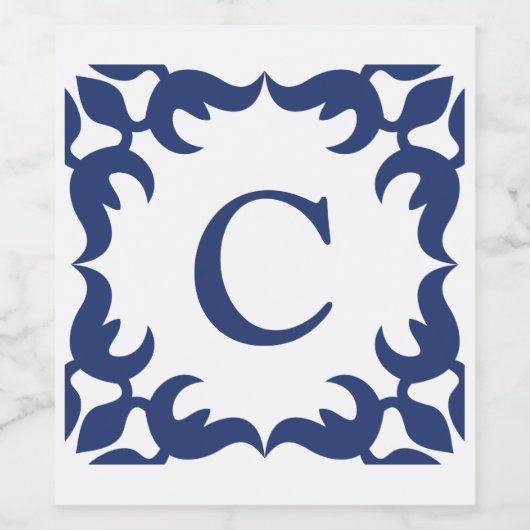 Blauw en wit blauw Lijst monogram Wijn Etiket (Enkel label)