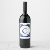 Blauw en wit blauw Lijst monogram Wijn Etiket (Voorkant)