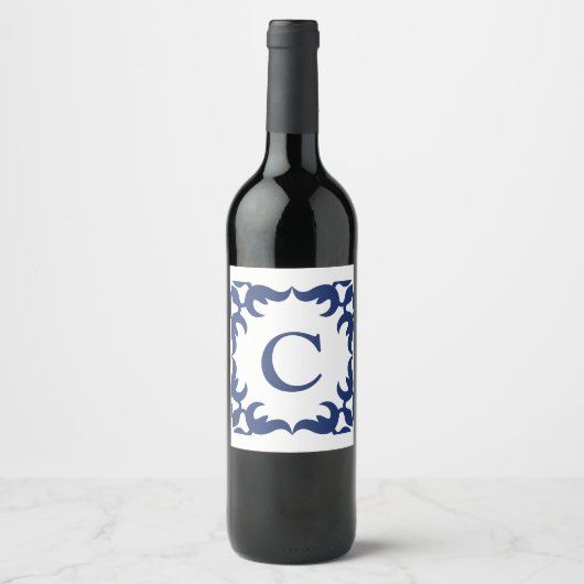 Blauw en wit blauw Lijst monogram Wijn Etiket (Voorkant)