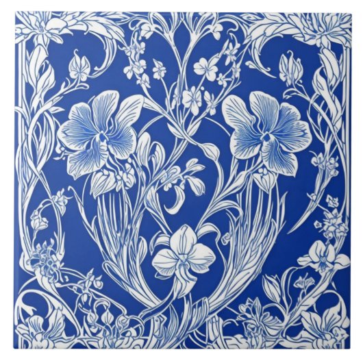 Blauw en wit Bloemen Art Deco Art Nouveau Bloem Tegeltje (Voorkant)