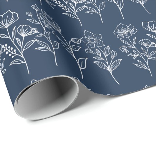 Blauw en Wit Bloemen Bruidsbruiloften Cadeaupapier (Rol Hoek)