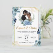 Blauw en Wit Bloemen Bruiloft Uitnodiging (Staand voorkant)