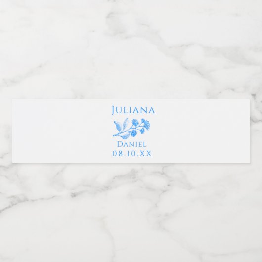 Blauw en wit Bloemen Bruiloft Water Fles Labels Waterfles Etiket (Enkel label)