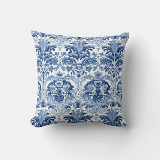 Blauw en wit Bloemen Damast Spaans Tegel Kussen (Voorkant)