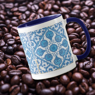 Blauw en Wit  Bloemen Faux Tegel Koffie Mok