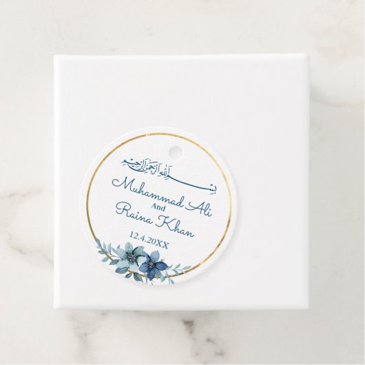 Blauw en Wit Bloemen Islamitische Moslim Bruiloft Bedankjes Labels (In situ)