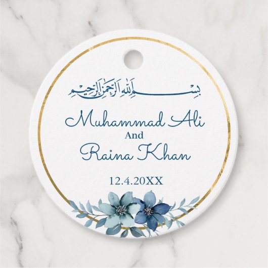 Blauw en Wit Bloemen Islamitische Moslim Bruiloft Bedankjes Labels (Voorkant)