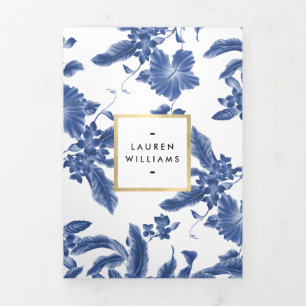 Blauw en Wit Bloemen Patroon Brochure Drieluik Kaart