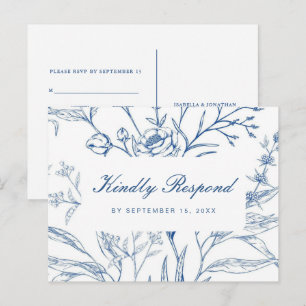 Blauw en Wit Bloemen Rsvp met Script Maaltijd Keuz Uitnodiging Briefkaart
