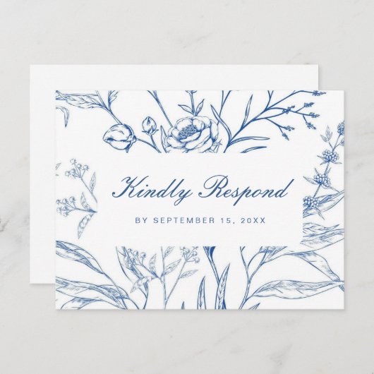 Blauw en Wit Bloemen Rsvp met Script Maaltijd Keuz Uitnodiging Briefkaart (Voorkant / Achterkant)
