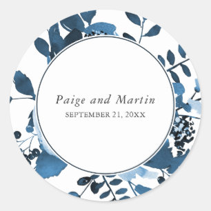 Blauw en wit Bloemen Save the Date Bruiloft Ronde Sticker
