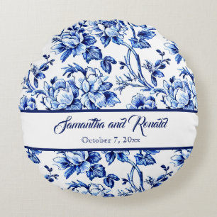 Blauw en wit Bloemen Toile Bruiloft Rond Kussen