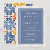 Blauw en wit bloemenbruiloft kaart (Voorkant / Achterkant)