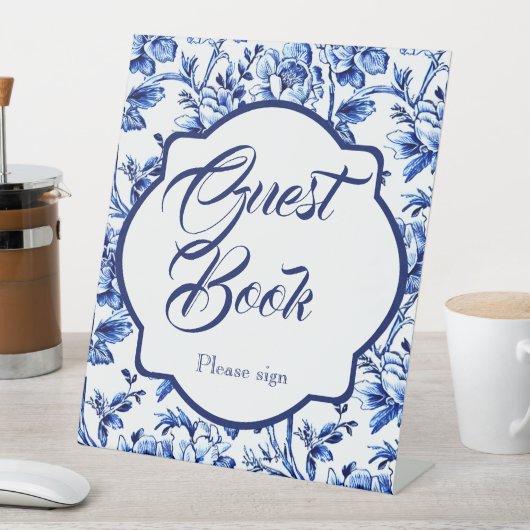 Blauw en Wit Bloementoilet Gastenboek Tafelblad Reclamebord Met Voetstuk (Insitu)